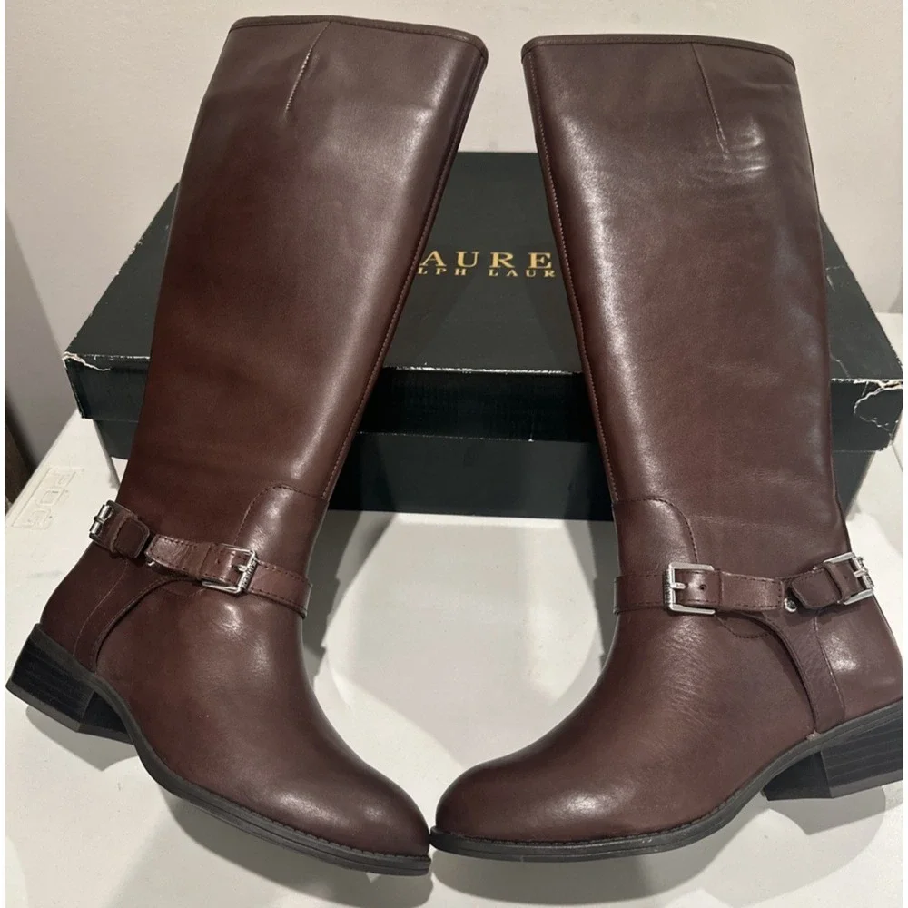 Lauren Ralph Lauren Sze 5.5B Marion Burnished Calf Riding Boots Dk Brown Leather